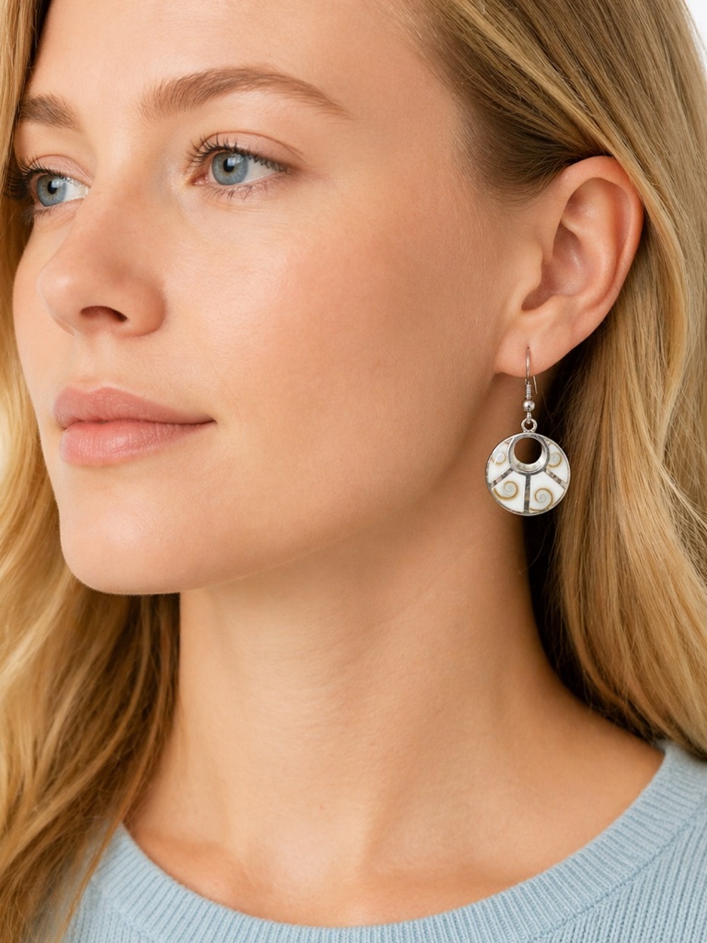 925 Sterling Silver Shiva Shell Dangle Earrings Open Circle Boho Coastal
